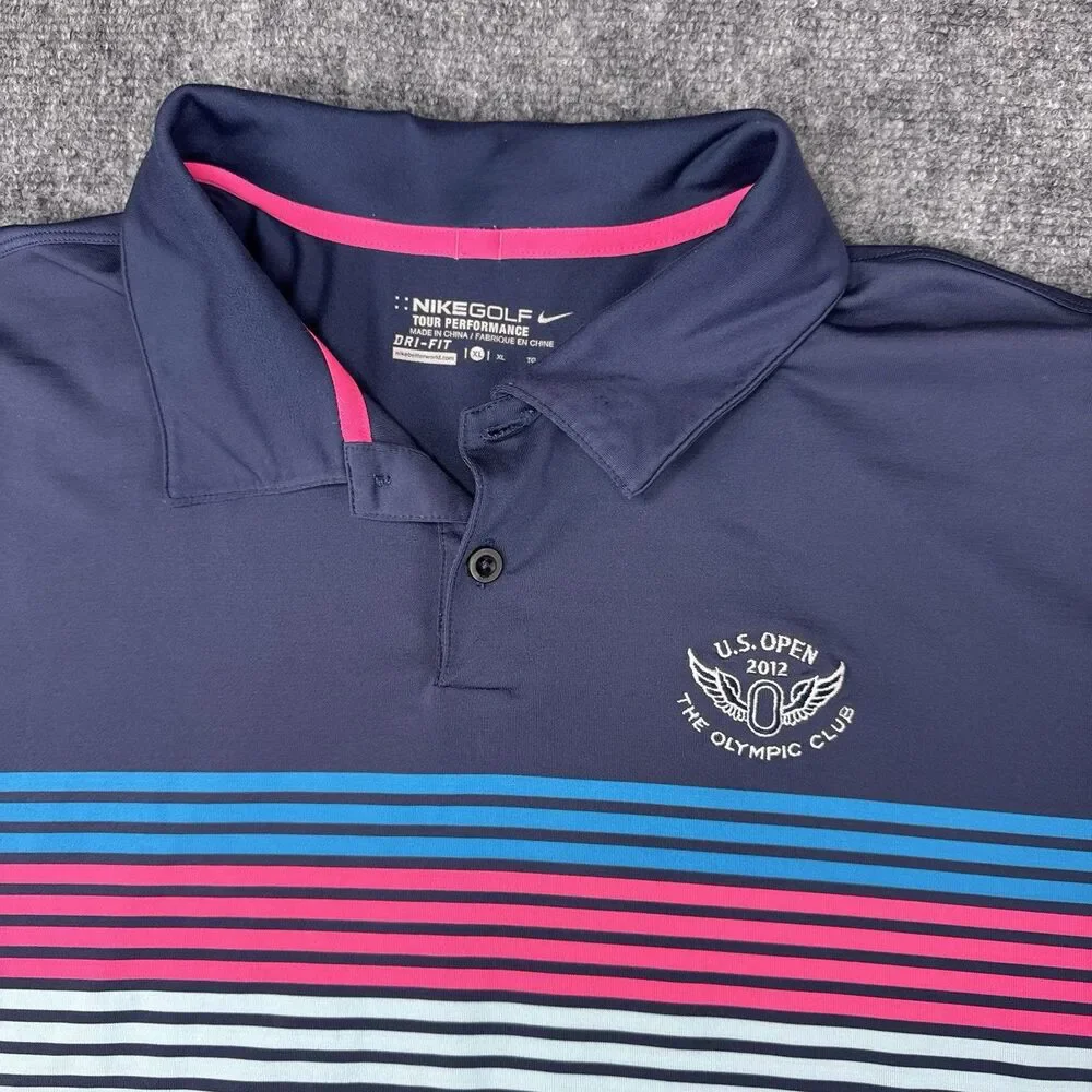 2012 Nike Golf US Open Logo Mens XL Blue Striped Polo Shirt Olympic Club